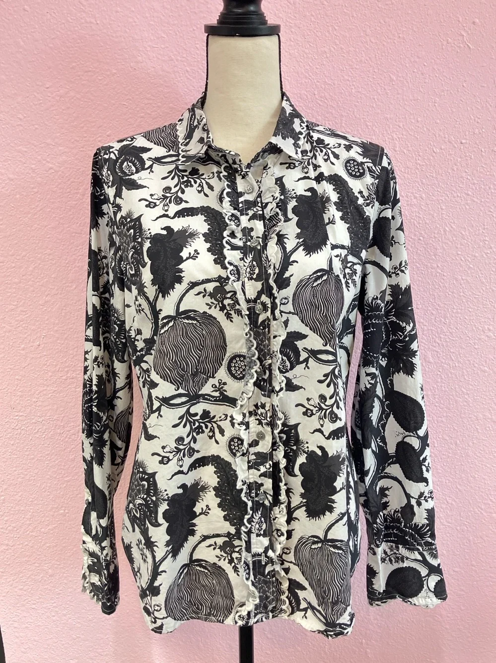 J. Crew Black and White Floral Ruffle Button-Down Shirt size 12
